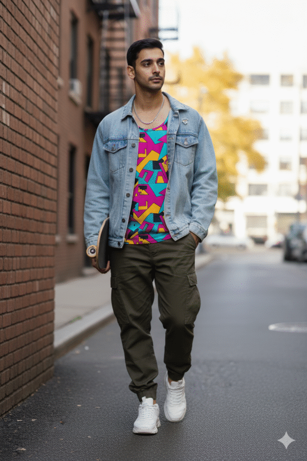 Denim Jacket, Tank Top & Cargo Pants Combo