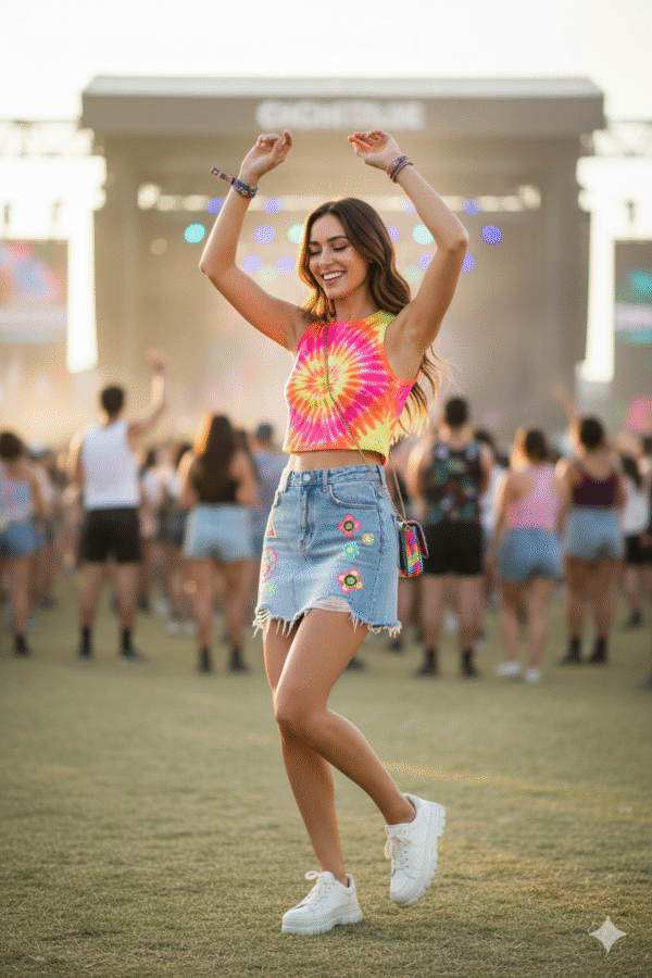 Tie Dye Top and Patched Denim Skirt
